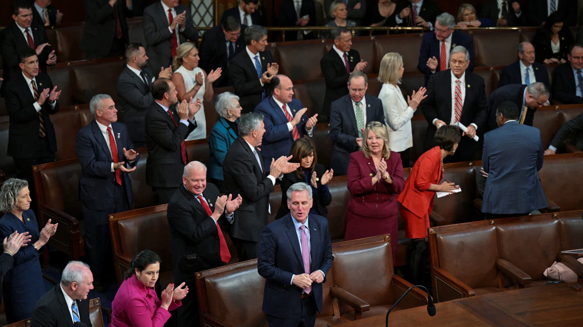 Staff members from the clerk's office of the U.S. House of Representives count votes on tally sheets during a 12th round of voting for a new Speaker on the fourth day of the 118th Congress at the U.S. Capitol in Washington, U.S., January 6, 2023. 