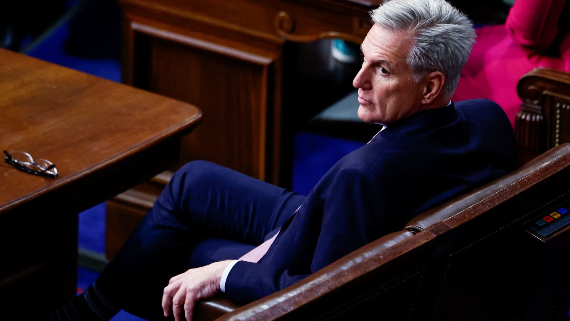U.S. House Republican Leader Kevin McCarthy (R-CA) listens during a 12th round of voting for a new Speaker on the fourth day of the 118th Congress at the U.S. Capitol in Washington, U.S., January 6, 2023. 