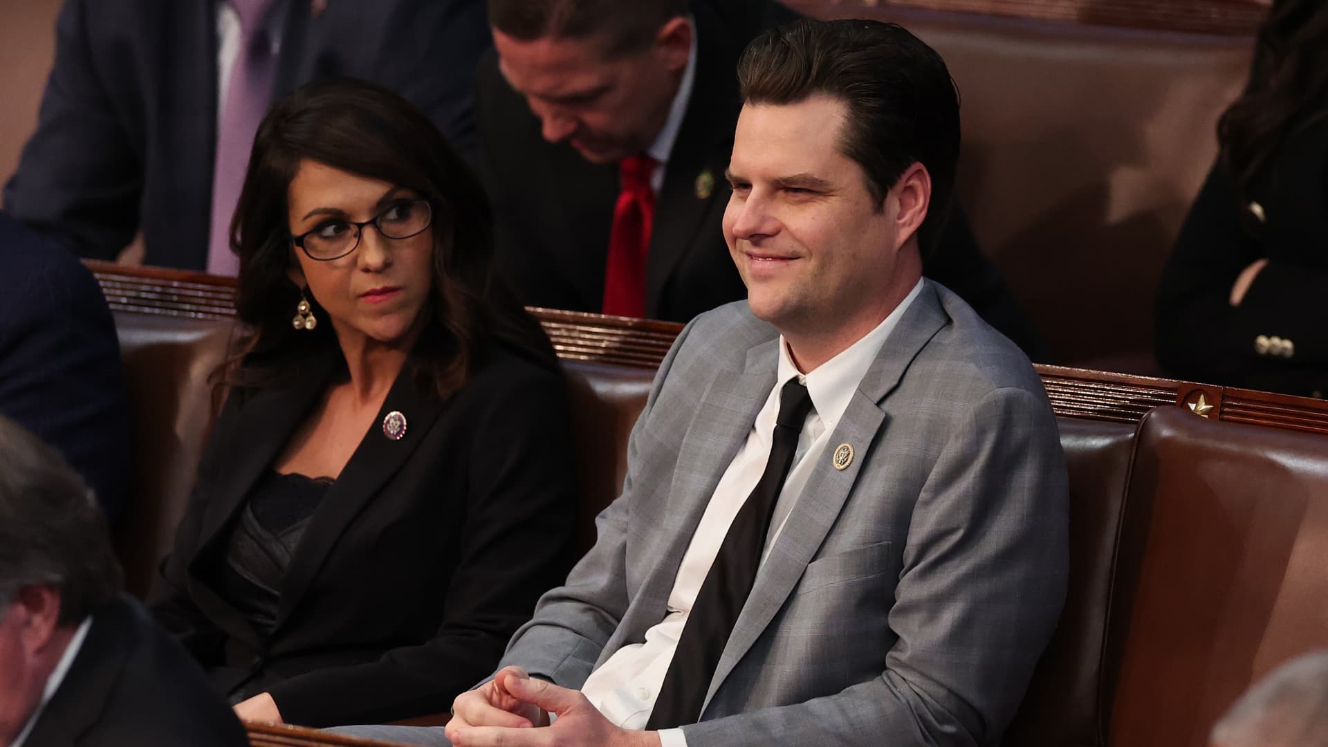 U.S. Rep.-elect Matt Gaetz (R-FL) sits next to Rep.-elect Lauren Boebert (R-CO) in the House Chamber during the fourth day of elections for Speaker of the House at the U.S. Capitol Building on January 06, 2023 in Washington, DC.