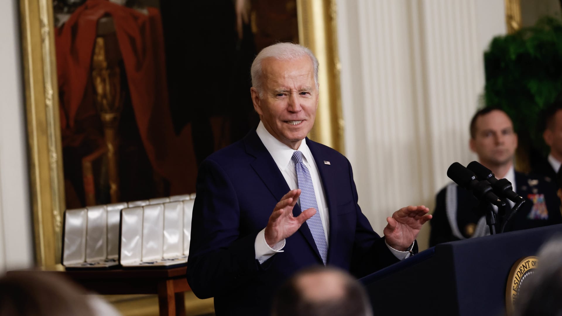 US President Joe Biden speaks during a ceremony at the White House marking the two-year anniversary of the January 6 insurrection at the US Capitol in Washington, DC, on Friday, Jan. 6, 2023.