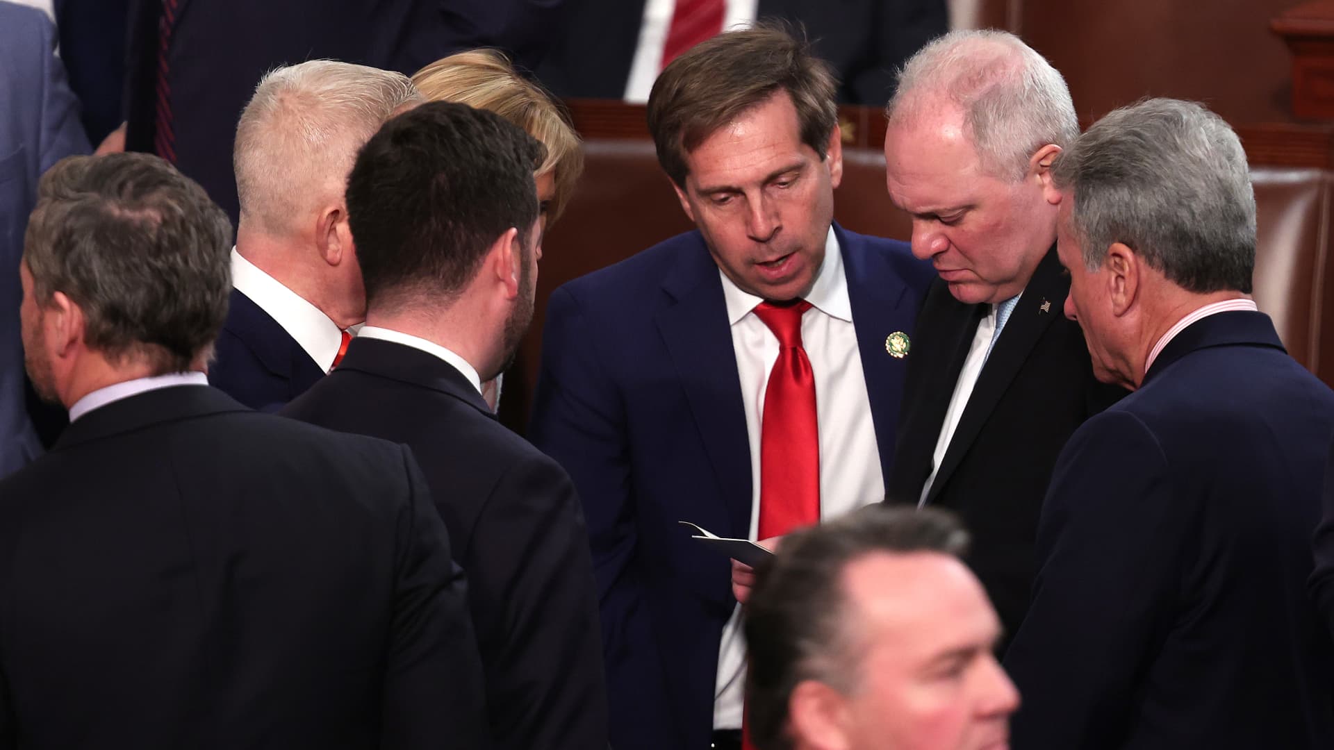 U.S. House Minority Whip Steve Scalise (R-LA) (2nd R) talks to Rep. Chuck Fleischmann (R-TN) and other Representatives as they cast their votes for Speaker of the House on the first day of the 118th Congress in the House Chamber of the U.S. Capitol Building on January 03, 2023 in Washington, DC.