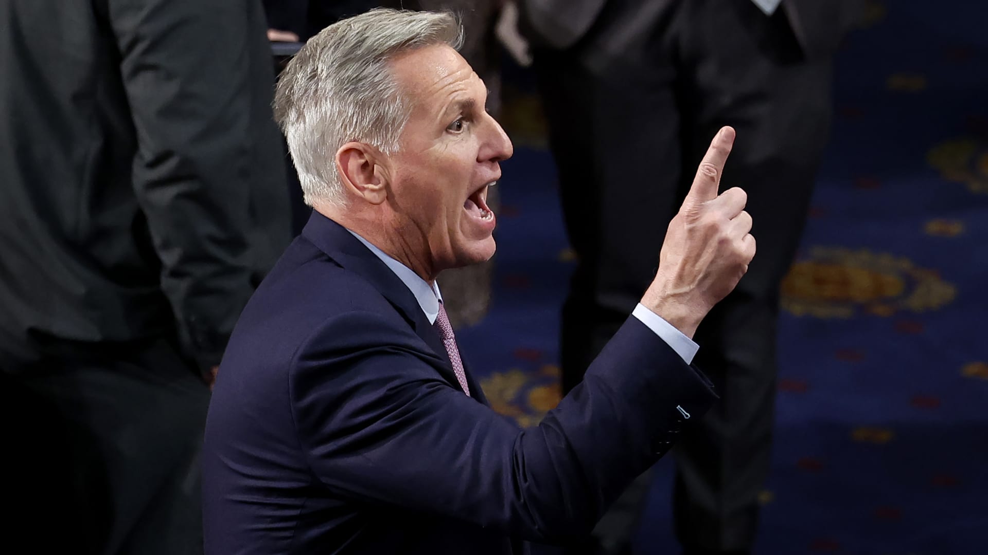 U.S. House Republican Leader Kevin McCarthy (R-CA) calls out in the House Chamber during the 14th vote for Speaker of the House at the U.S. Capitol Building on January 06, 2023 in Washington, DC.