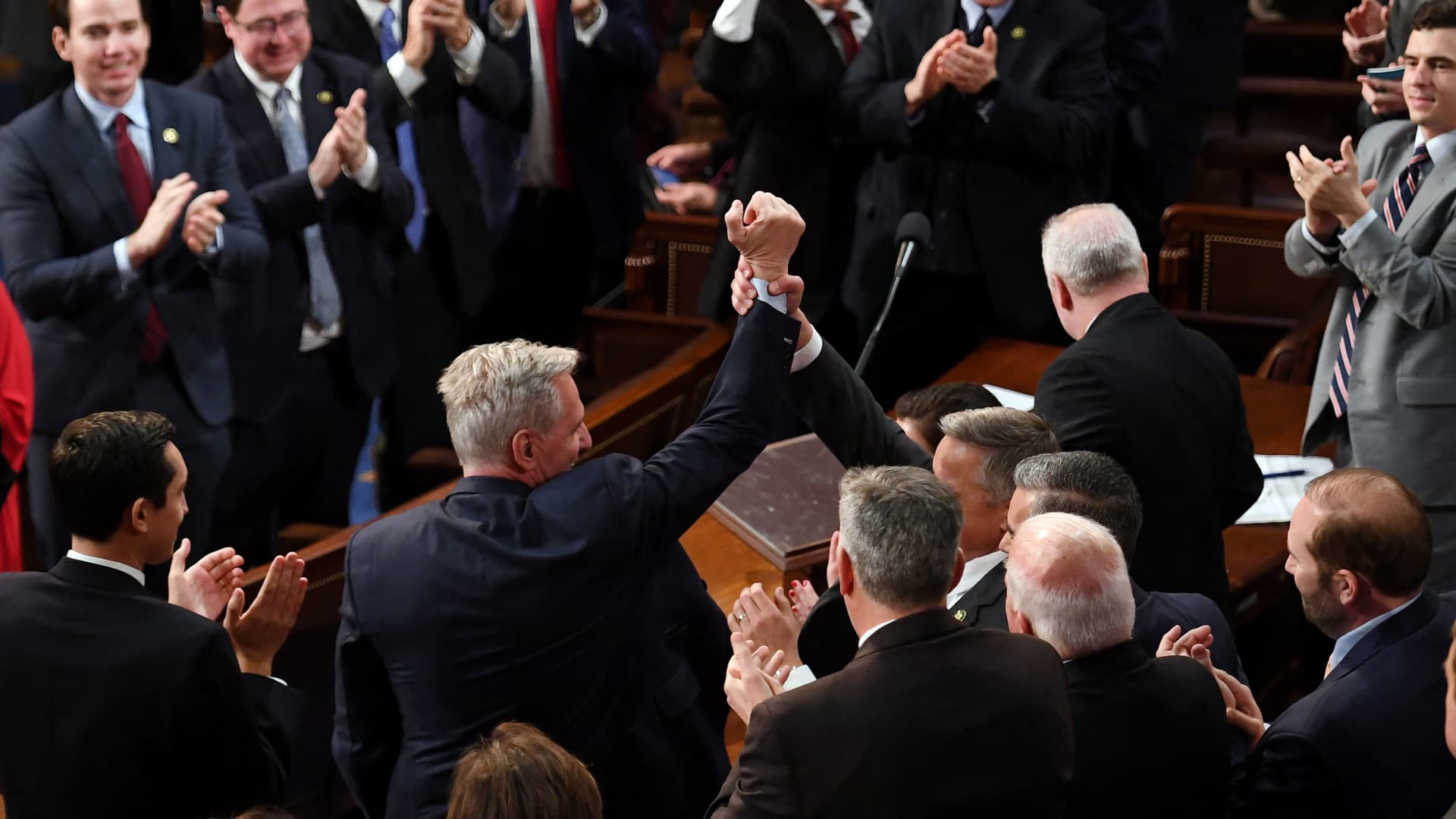 Newly elected Speaker of the US House of Representatives Kevin McCarthy celebrates after being annointed on the 15th round of voting at the US Capitol in Washington, DC, on January 7, 2023. 