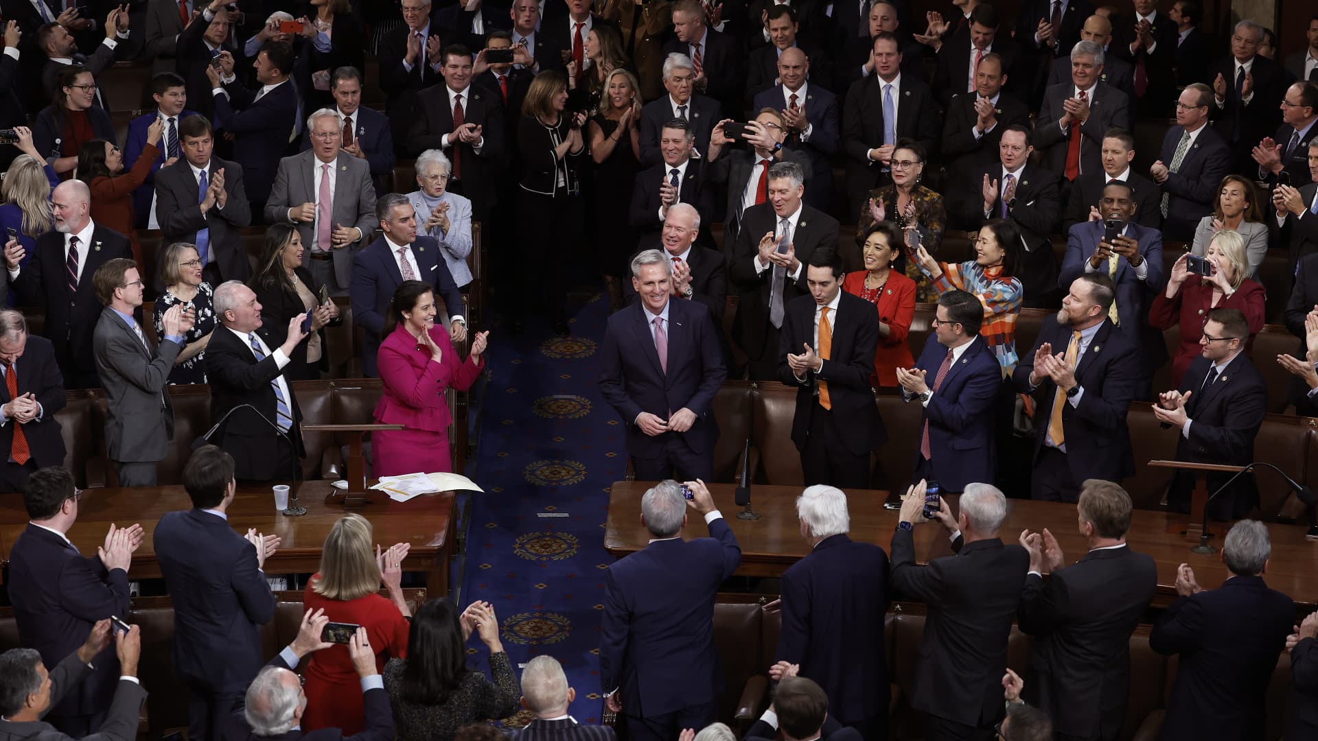 Republican members-elect celebrate as House Republican Leader Kevin McCarthy (R-CA) is elected Speaker of the House in the House Chamber at the U.S. Capitol Building on January 07, 2023 in Washington, DC.