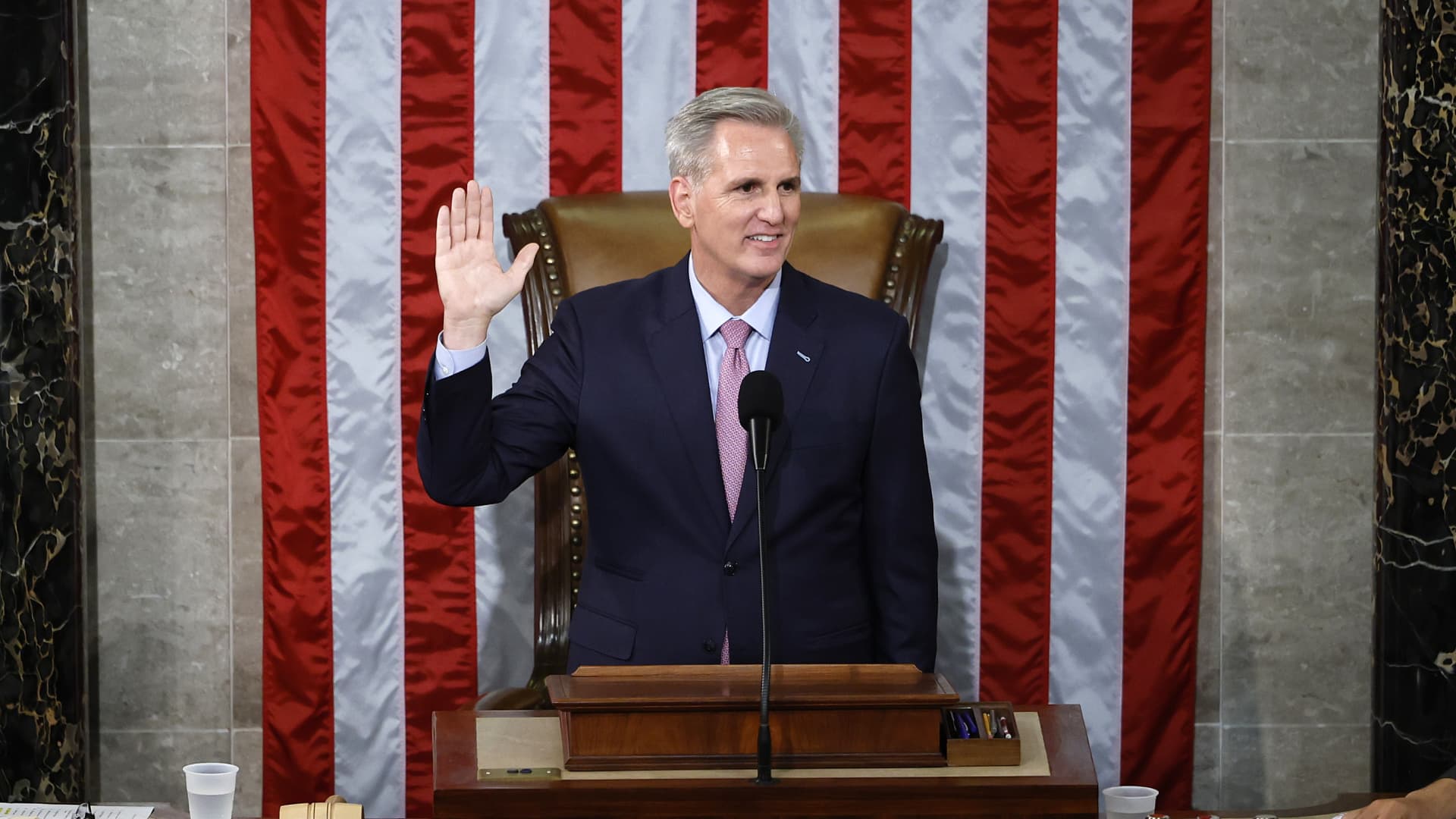 U.S. Speaker of the House Kevin McCarthy (R-CA) is sworn-in after being elected as Speaker in the House Chamber at the U.S. Capitol Building on January 07, 2023 in Washington, DC. 