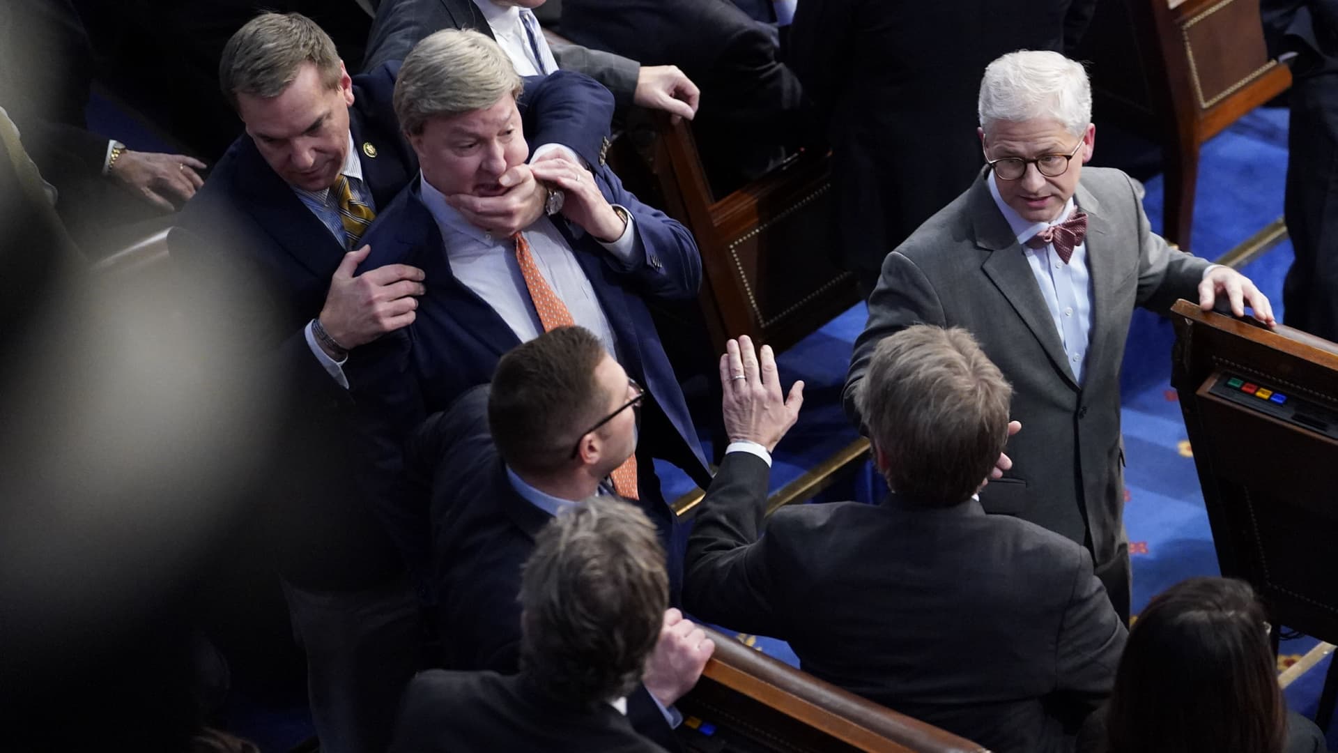 Washington , D.C.- January 6:Mike Rogers (R-AL) is restrained after getting into an argument with Matt Gaetz (R-FL) during in the 14th round of voting for speaker in a meeting of the 118th Congress, Friday, January 6, 2023, at the U.S. Capitol in Washington DC.The House reconvened Friday night after adjourning earlier for a fourth day of voting after Rep.-elect Kevin McCarthy failed to earn more than 218 votes on 11 ballots over three days. (Photo by Jabin Botsford/The Washington Post via Getty Images)