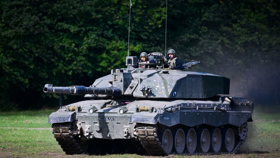 A Challenger 2 main battle tank on display for The Royal Tank Regiment Regimental Parade, on Sept. 24, 2022, in Bulford, England.