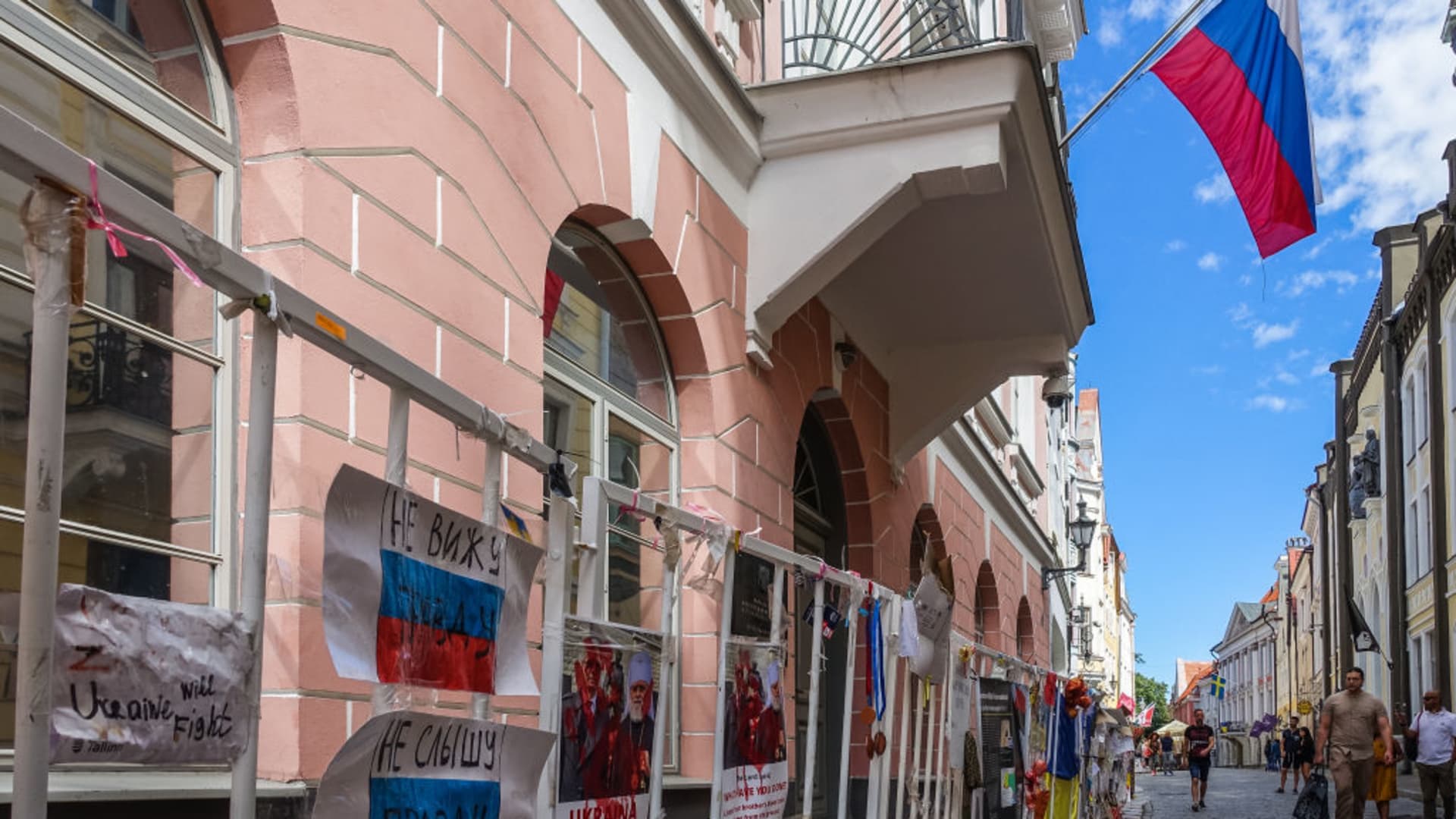 Anti-Russian banners hang on the fence in front of Russian embassy are seen in Tallinn, Estonia on 31 July 2022.