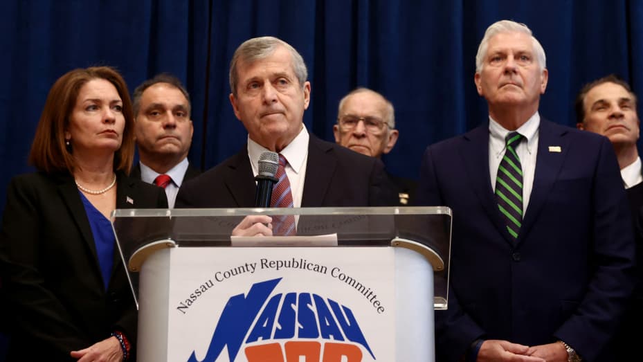 Nassau County Republican Party chairman Joseph Cairo and members of the Nassau County Republican Committee hold a news conference regarding the future of U.S. Representative George Santos (R-NY) at Nassau County Republican Committee in Westbury, New York, U.S. January 11, 2023.