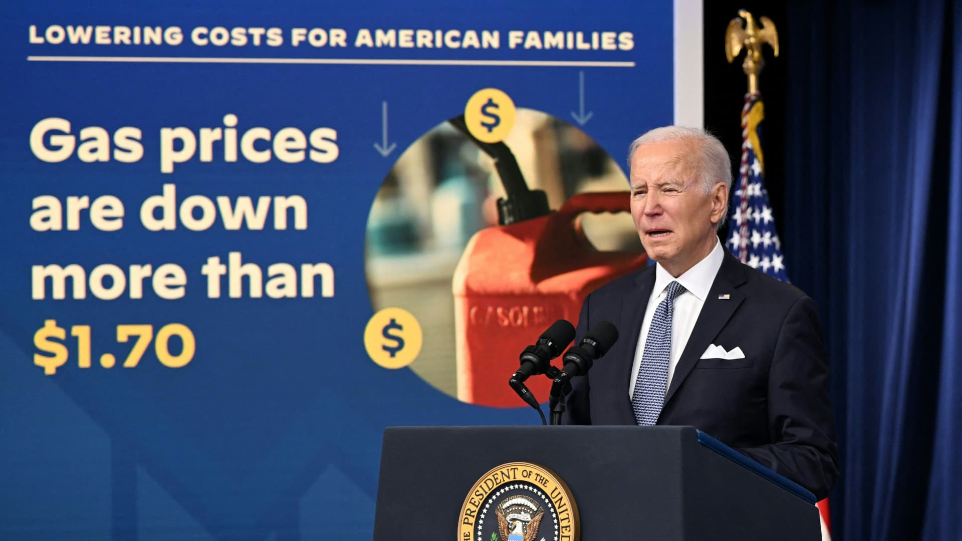 US President Joe Biden speaks about the economy in the South Court Auditorium at the Eisenhower Executive Office Building next to the White House in Washington, DC, on January 12, 2023.