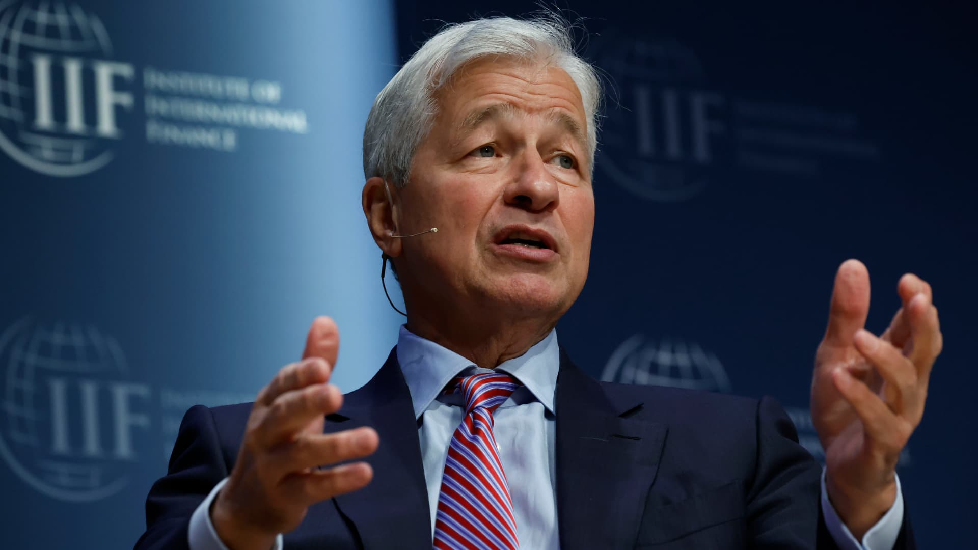 Jamie Dimon, chairman and chief executive officer of JPMorgan Chase & Co., speaks during the Institute of International Finance (IIF) annual membership meeting in Washington, DC, US, on Thursday, Oct. 13, 2022. 