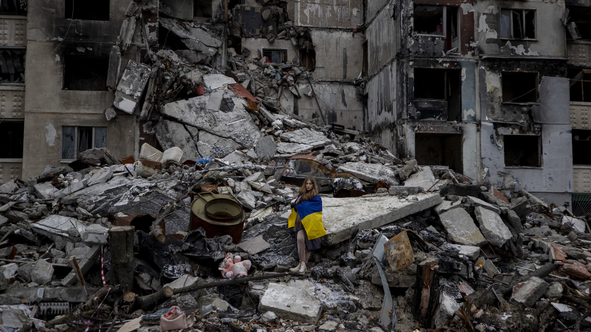 A destroyed residential building in the Severnaya Saltivka district of Kharkiv, Ukraine, on Jan. 12, 2023.
