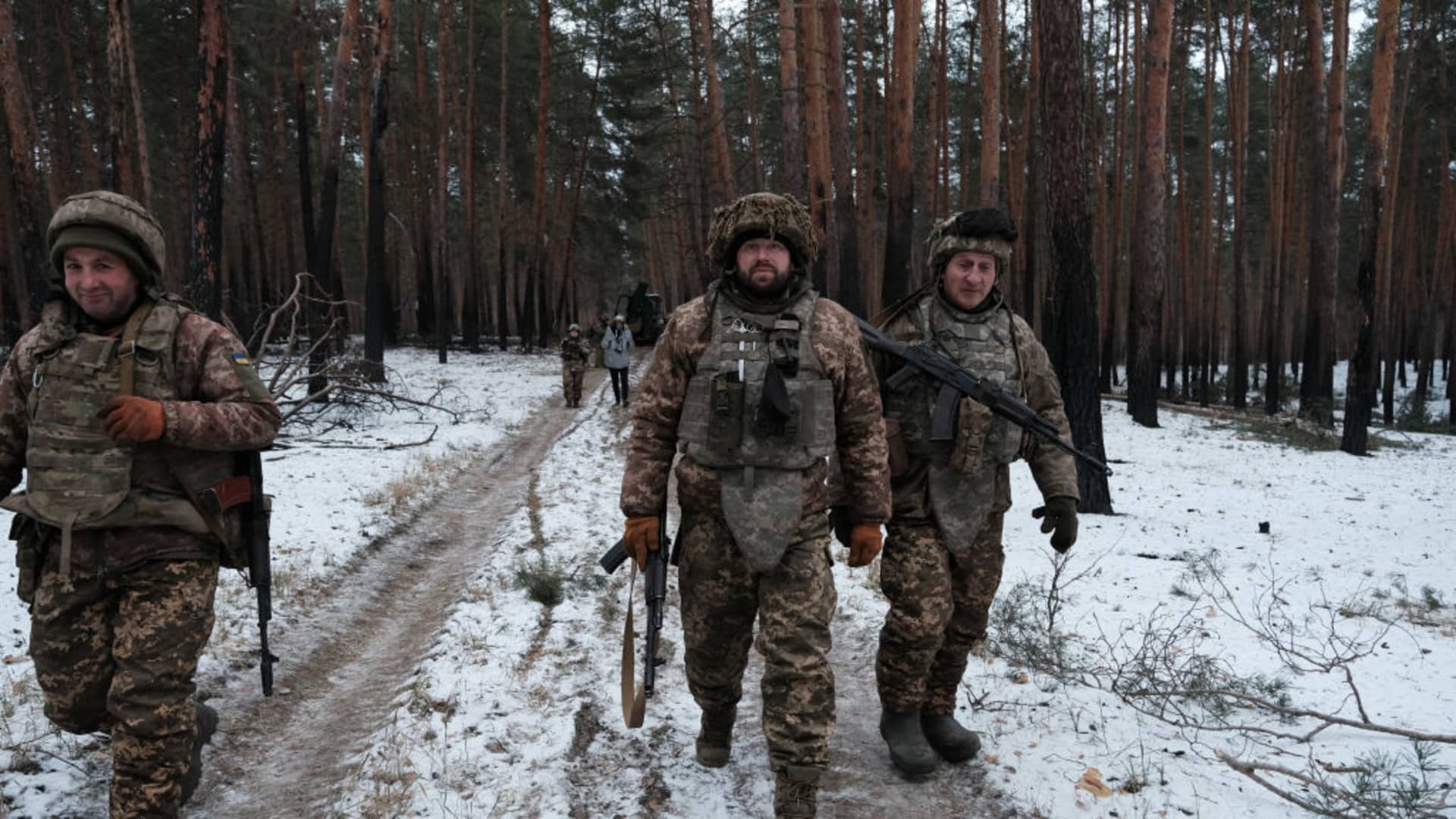 Members of Ukraine's 95th Air Assault Brigade defend an area near the front line of fighting on Jan. 12, 2023, outside Kremina, Ukraine.