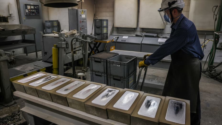 Freshly cast 30 kilogram silver ingots cooling in their molds at the JSC Krastsvetmet non-ferrous metals plant in Krasnoyarsk, Russia, on Monday, July 12, 2021.