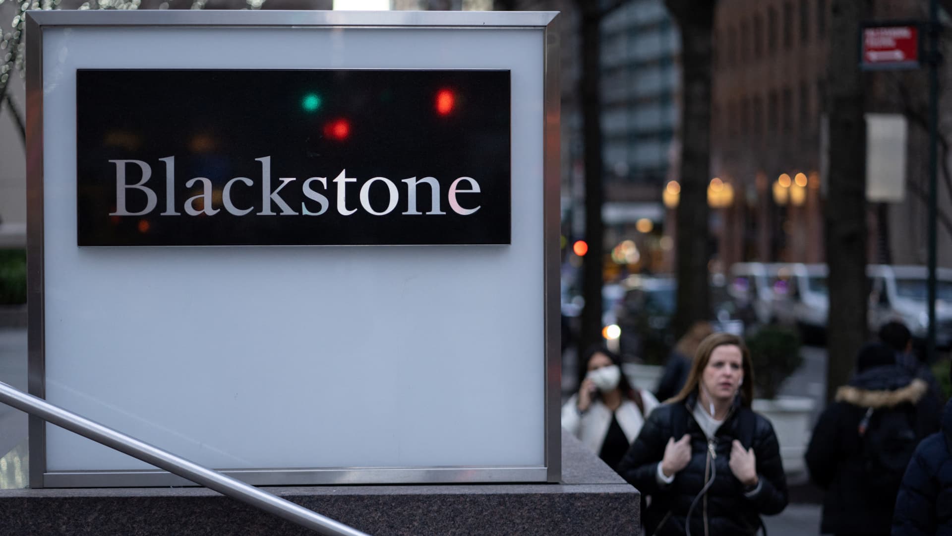 Signage is seen outside the Blackstone Group headquarters in New York City on Jan. 18, 2023.