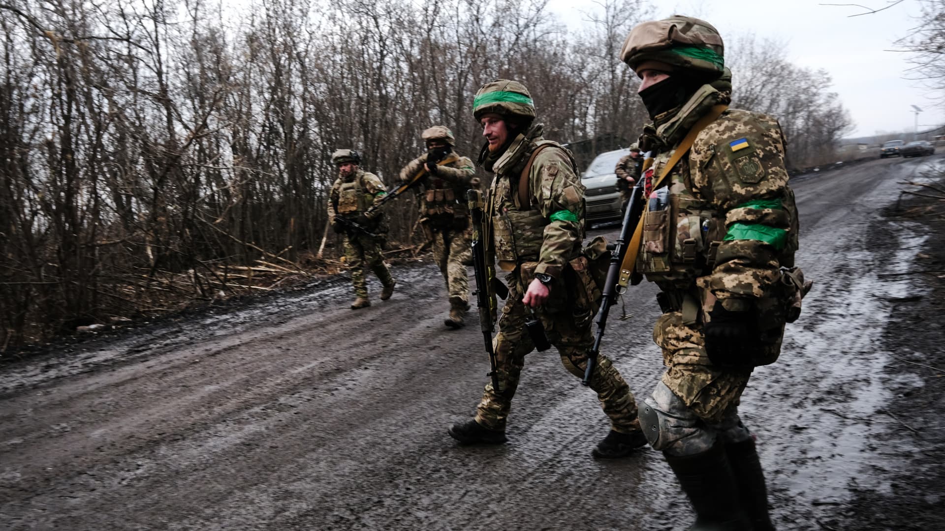 Ukrainian soldiers outside the strategic city of Bakhmut on Jan. 18, 2023, in Bakhmut, Ukraine.