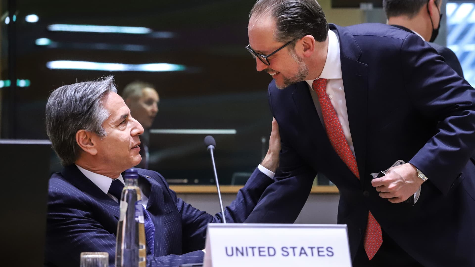 Antony Blinken, U.S. secretary of state (left) and Alexander Schallenberg, Austria's foreign minister, at an extraordinary meeting of the Foreign Affairs Council at the European Union in 2022.