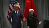 US Treasury Secretary Janet Yellen (3rdR) and Chinese vice-premier Liu He (3rdL) and their respective delegations wait ahead of their meeting in Zurich, on January 18, 2023.