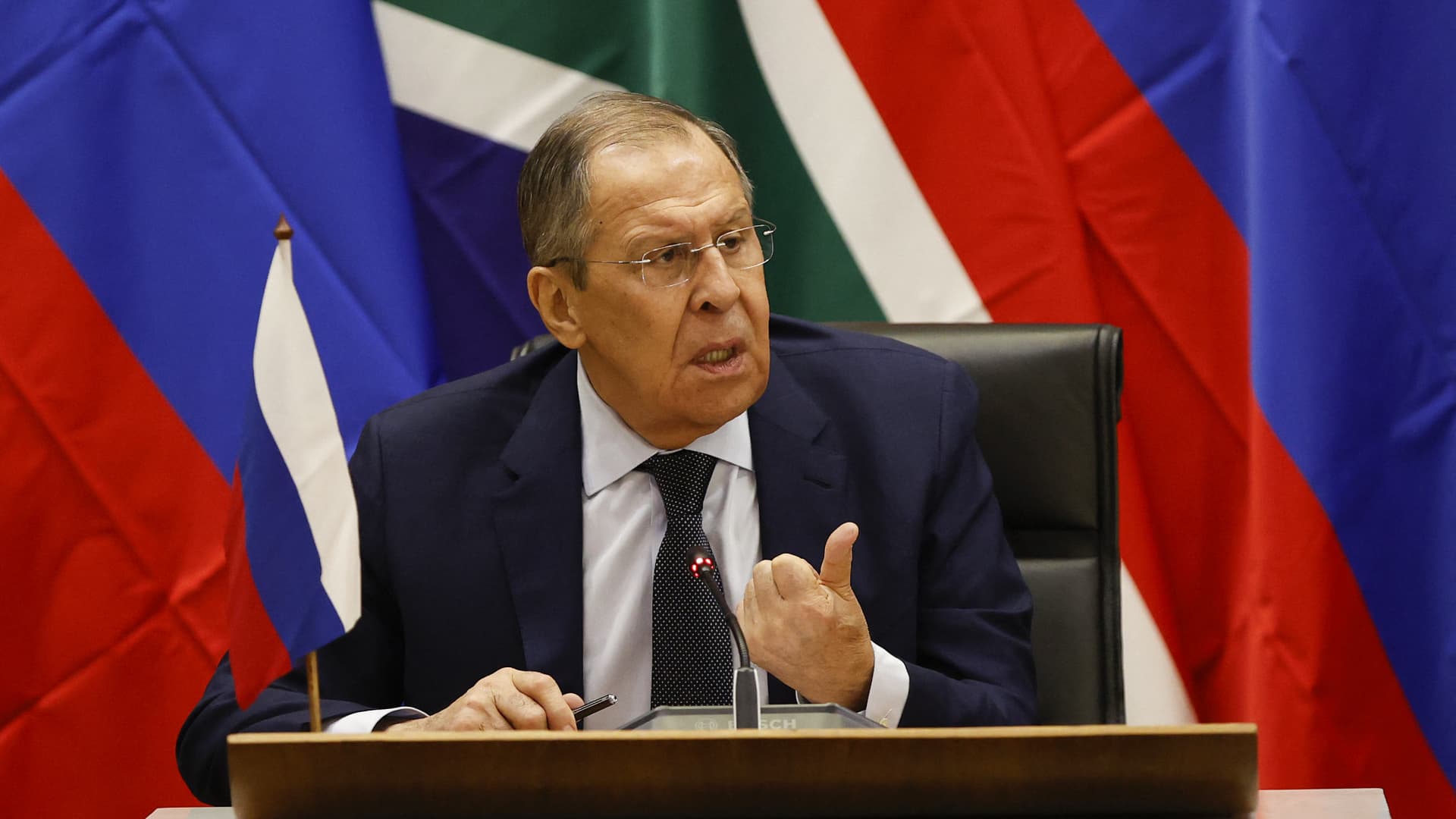 Russian Minister of Foreign Affairs of Sergei Lavrov speaks during a press conference after his meeting with South African Minister of International Relations and Cooperation Naledi Pandor at the OR Tambo Building in Pretoria on January 23, 2023.