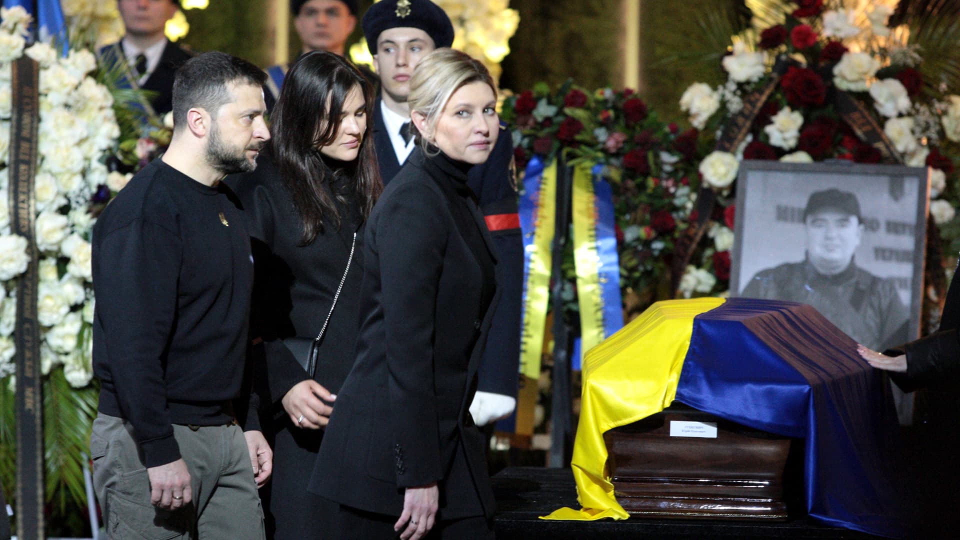 President of Ukraine Volodymyr Zelenskyy and his spouse Olena Zelenska pay their last respects to the leadership of the Ukrainian Ministry of Internal Affairs who perished in the Brovary helicopter crash during the lying-in-state ceremony at the Ukrainian House, Kyiv, capital of Ukraine. On Wednesday morning, January 18, a helicopter of the State Emergency Service crashed near a kindergarten and a residential building in Brovary, Kyiv Region.