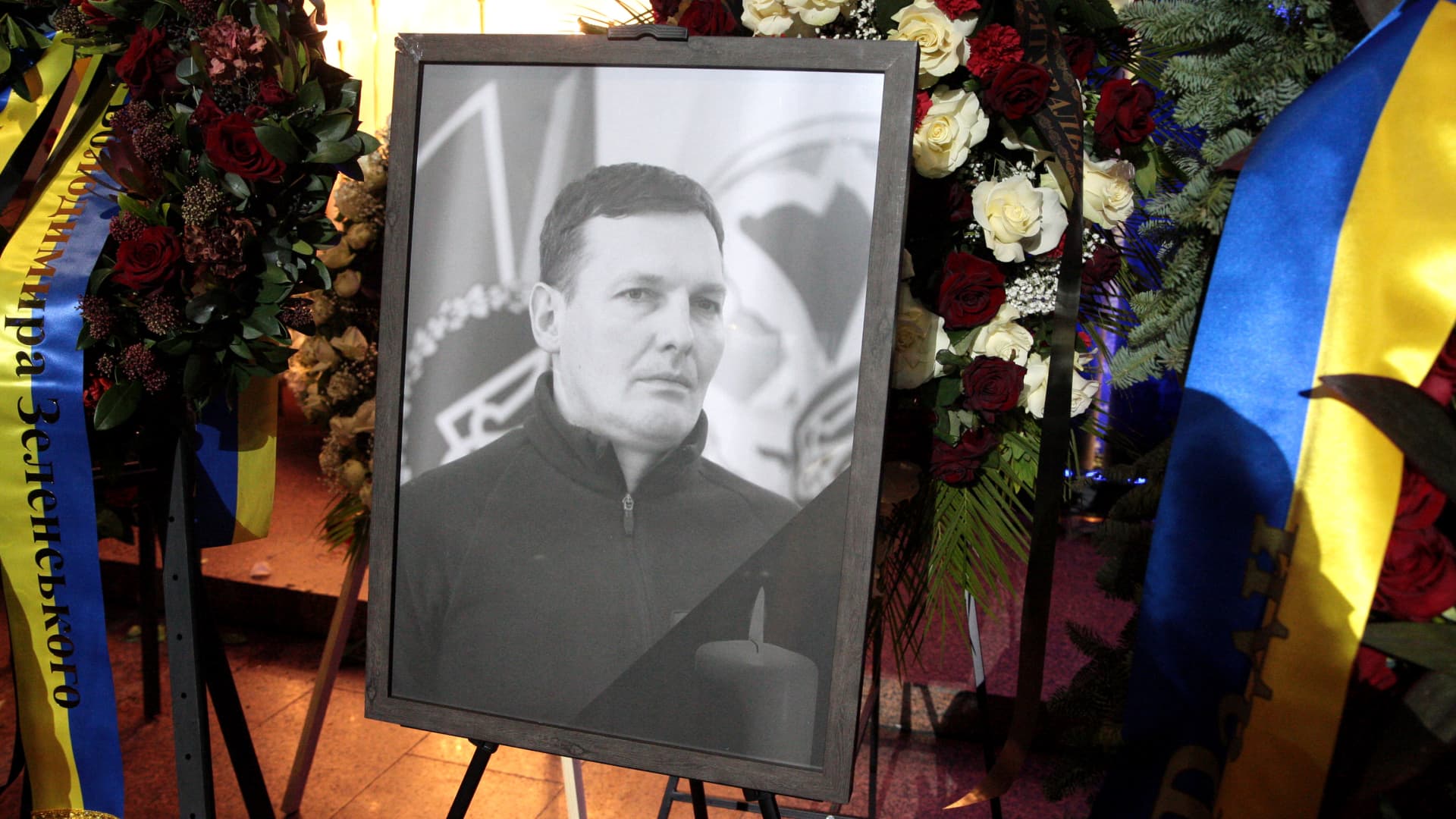 The portrait of late First Deputy Minister of Internal Affairs of Ukraine Yevhenii Yenin is pictured during the lying-in-state ceremony of the leadership of the Ukrainian Ministry of Internal Affairs who perished in the Brovary helicopter crash at the Ukrainian House, Kyiv, capital of Ukraine.