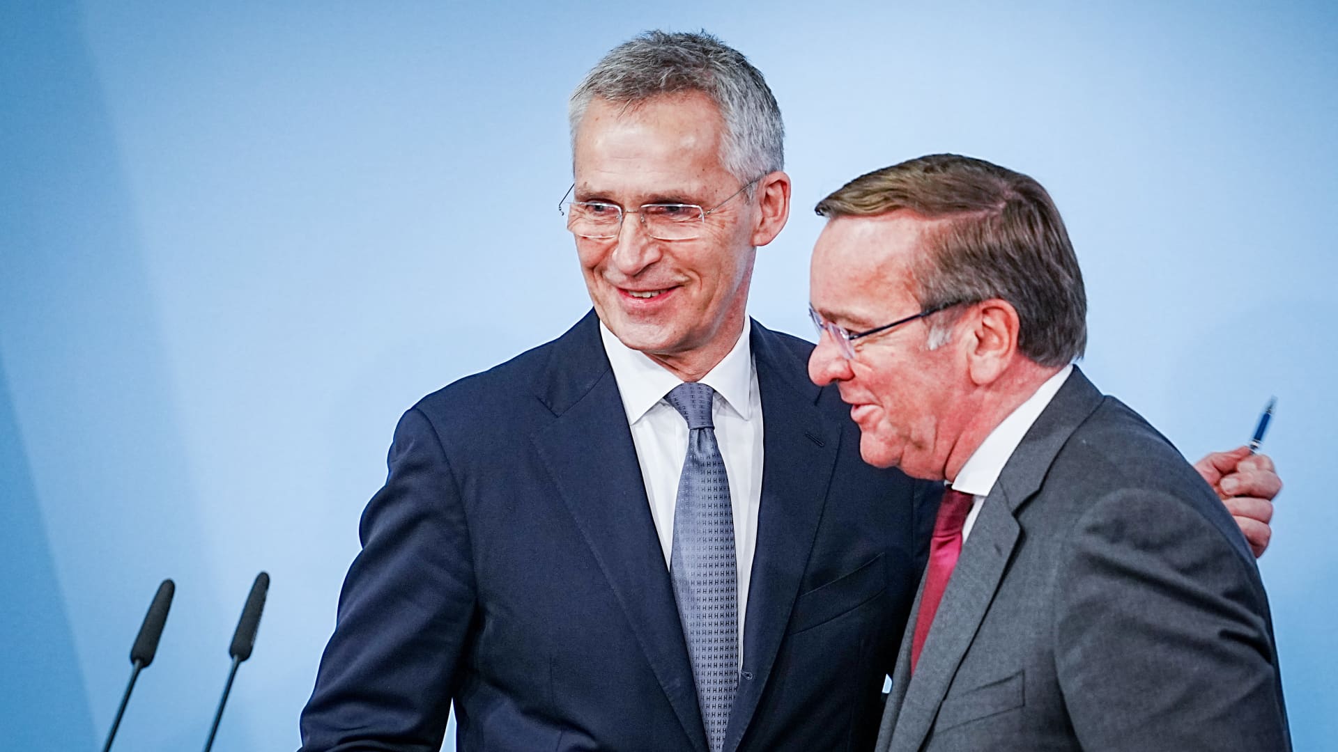 Boris Pistorius (right) German defense minister, and Jens Stoltenberg, NATO secretary general, give a press conference at the German Defense Ministry after a joint meeting on Jan. 24, 2023.
