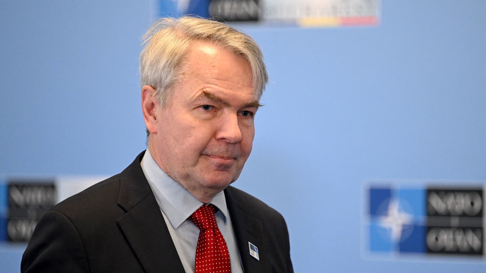 Finland's Foreign Minister Pekka Haavisto arrives for the meeting of the NATO Ministers of Foreign Affairs in Bucharest, Romania, on November 30, 2022.