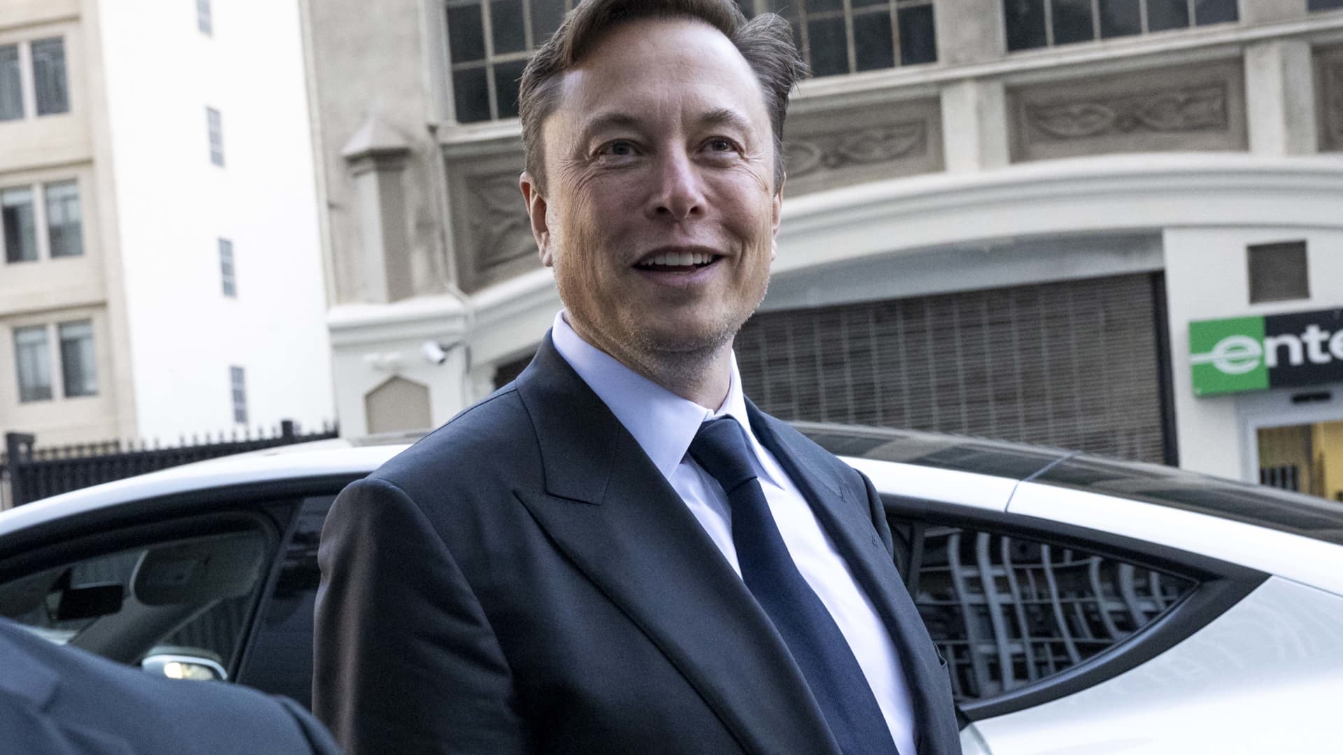 Elon Musk, chief executive officer of Tesla Inc., departs court in San Francisco, California, on Tuesday, Jan. 24, 2023.