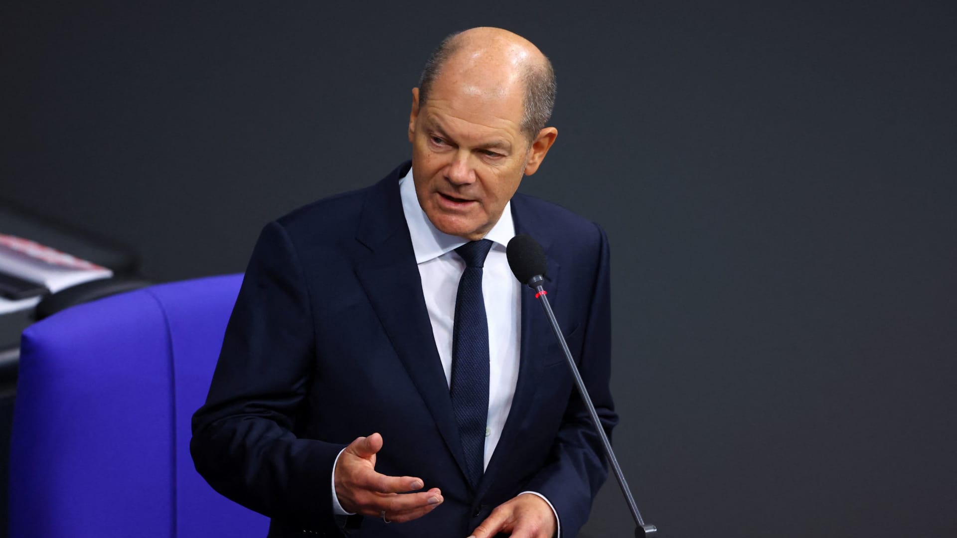 German Chancellor Olaf Scholz addresses the lower house of parliament Bundestag in Berlin on Jan. 25, 2023.