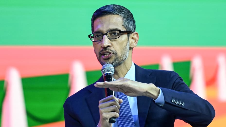 Sundar Pichai, CEO of Google Inc. speaks during an event in New Delhi on December 19, 2022. (Photo by Sajjad HUSSAIN / AFP) (Photo by SAJJAD HUSSAIN/AFP via Getty Images)