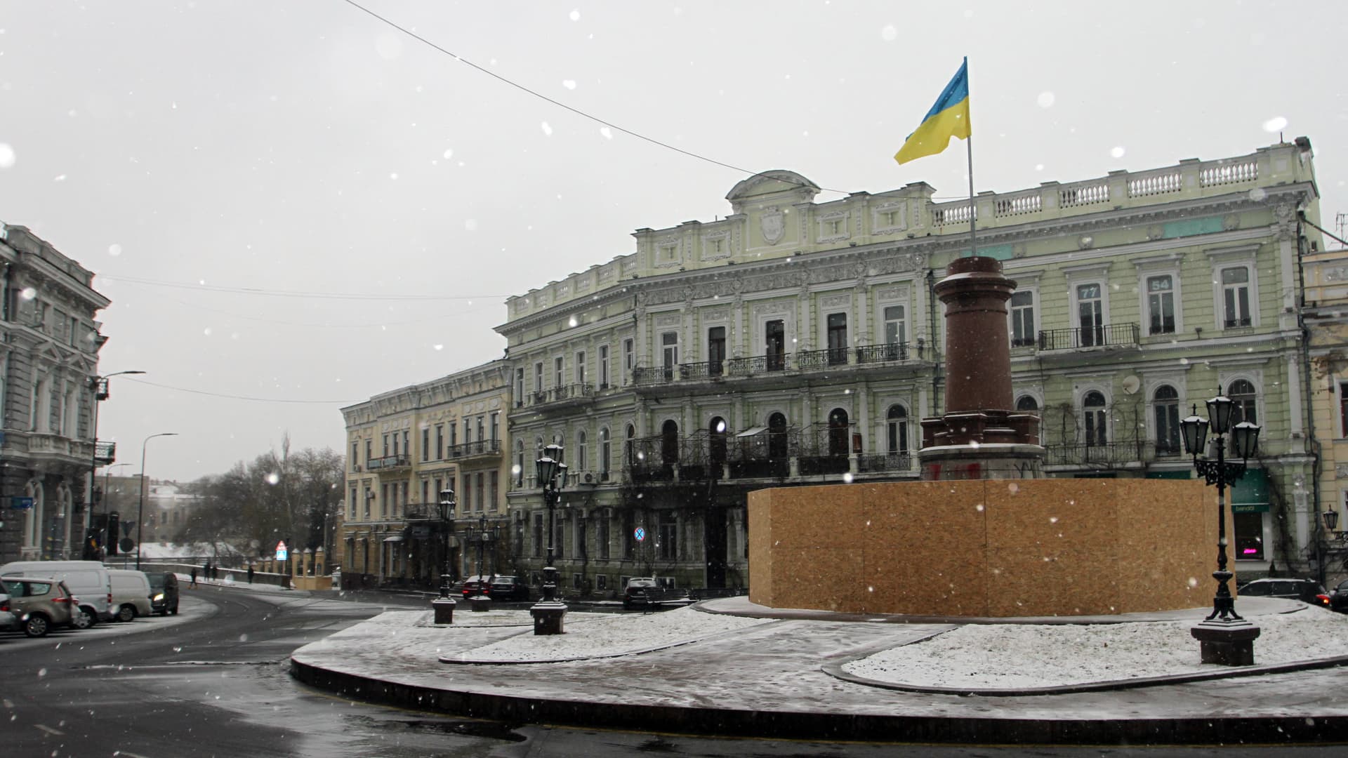 The Ukrainian state flag flies on a pedestal where the monument to Empress Catherine the Great of Russia, also known as Monument to the founders of Odesa, once stood on Jan. 8, 2023 in Odesa, Ukraine.