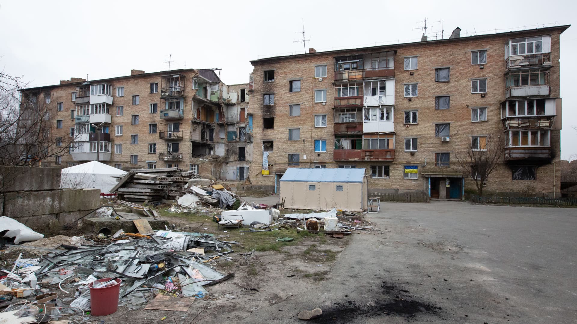 A general view of the damaged residential buildings in the village of Gorenka in the Kyiv region.