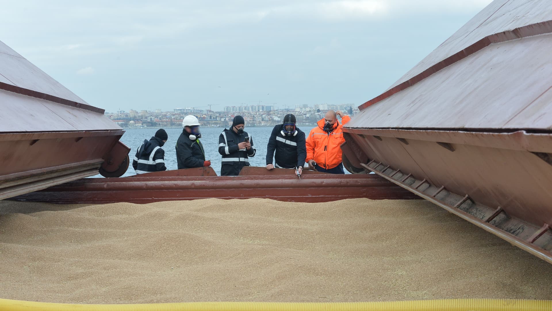 A team inspects the produce in the ship carrying wheat from Ukraine to Afghanistan after inspection in the open sea around Zeytinburnu district of Istanbul, Turkey, on Jan. 24, 2023.