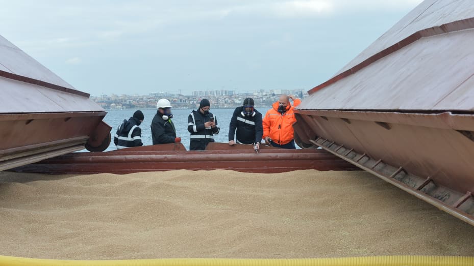 ISTANBUL, TURKIYE - JANUARY 24: (----EDITORIAL USE ONLY - MANDATORY CREDIT - "TURKISH MINISTRY OF NATIONAL DEFENCE / HANDOUT" - NO MARKETING NO ADVERTISING CAMPAIGNS - DISTRIBUTED AS A SERVICE TO CLIENTS----) A team inspects the produce in the ship carrying wheat from Ukraine to Afghanistan after inspection in the open sea around Zeytinburnu district of Istanbul, Turkiye on January 24, 2023. The Turkish Ministry of National Defence reported that inspections have been completed for the 5th ship carrying arou