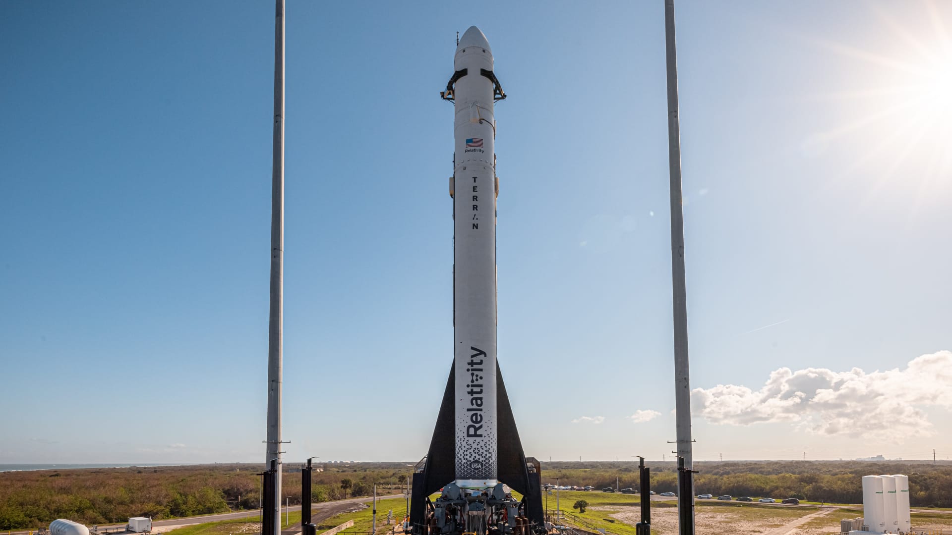 The company's Terran 1 rocket stands on its launchpad at LC-16 in Cape Canaveral, Florida ahead of the inaugural launch attempt.
