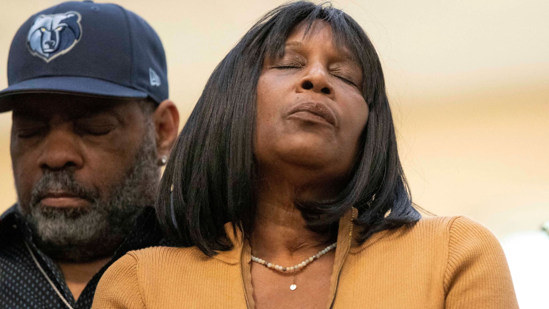 RowVaughn Wells, mother of Tyre Nichols, a young Black man who was killed during a traffic stop by Memphis police officers, reacts during a news conference at Mt. Olive Cathedral CME Church in Memphis, Tennessee, January 27, 2023.
