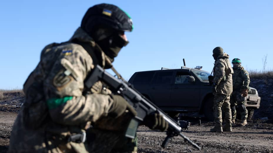 Ukrainian servicemen launch a drone not far from the Ukrainian town of Bakhmut in the Donetsk region on Jan. 25, 2023, amid the Russian invasion of Ukraine.