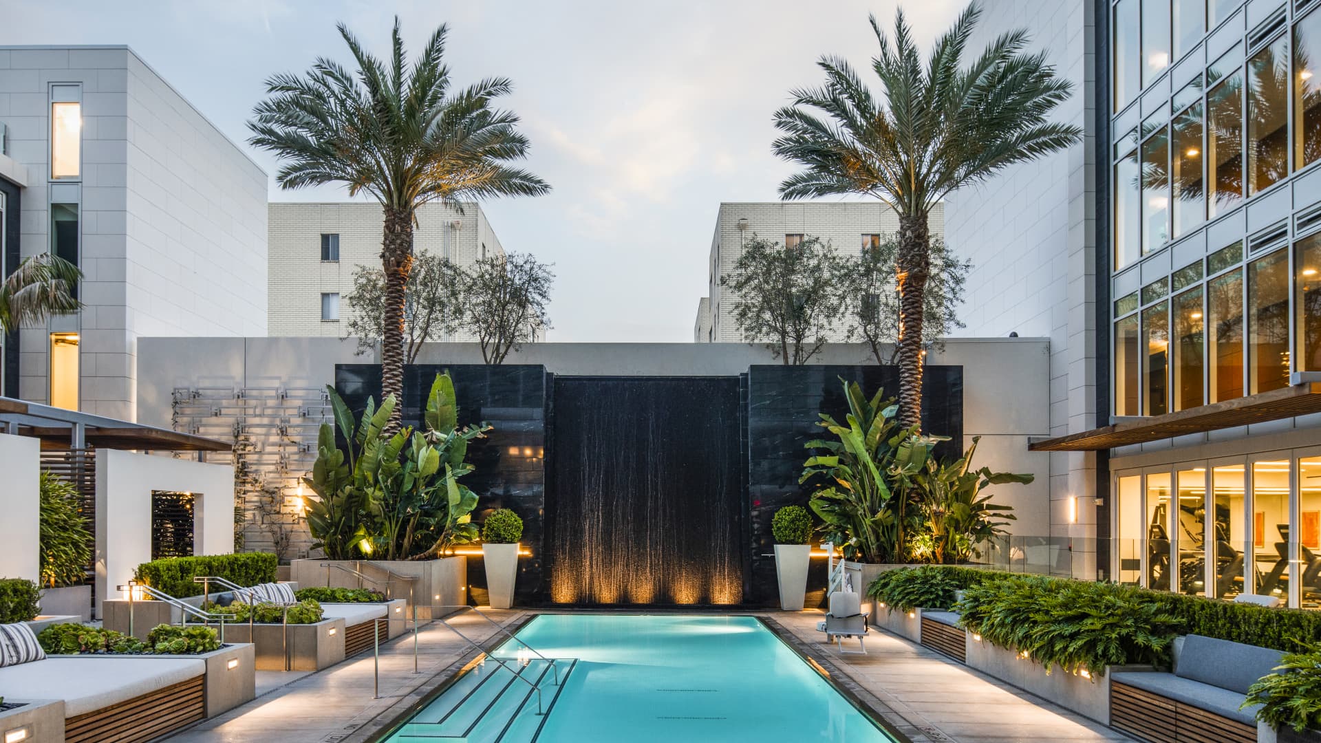 The full-service pool area at the Four Seasons Private Residences Los Angeles.