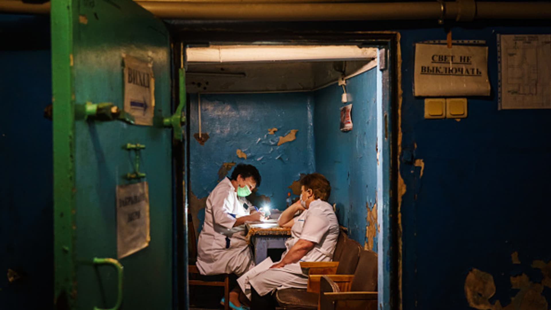 Hospital staff in Ukraine. Many medical facilities have had to move underground amid extensive Russian bombardment.