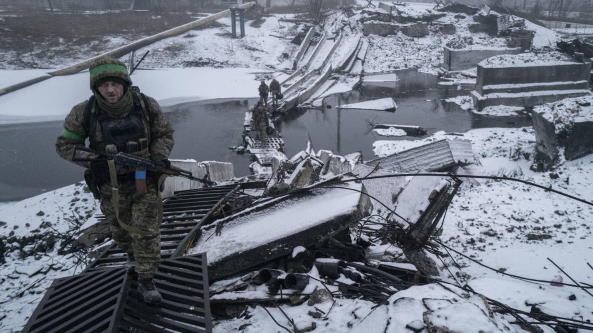 Ukrainian soldiers return from the front line in Bakhmut, Ukraine, on Jan. 29, 2023.