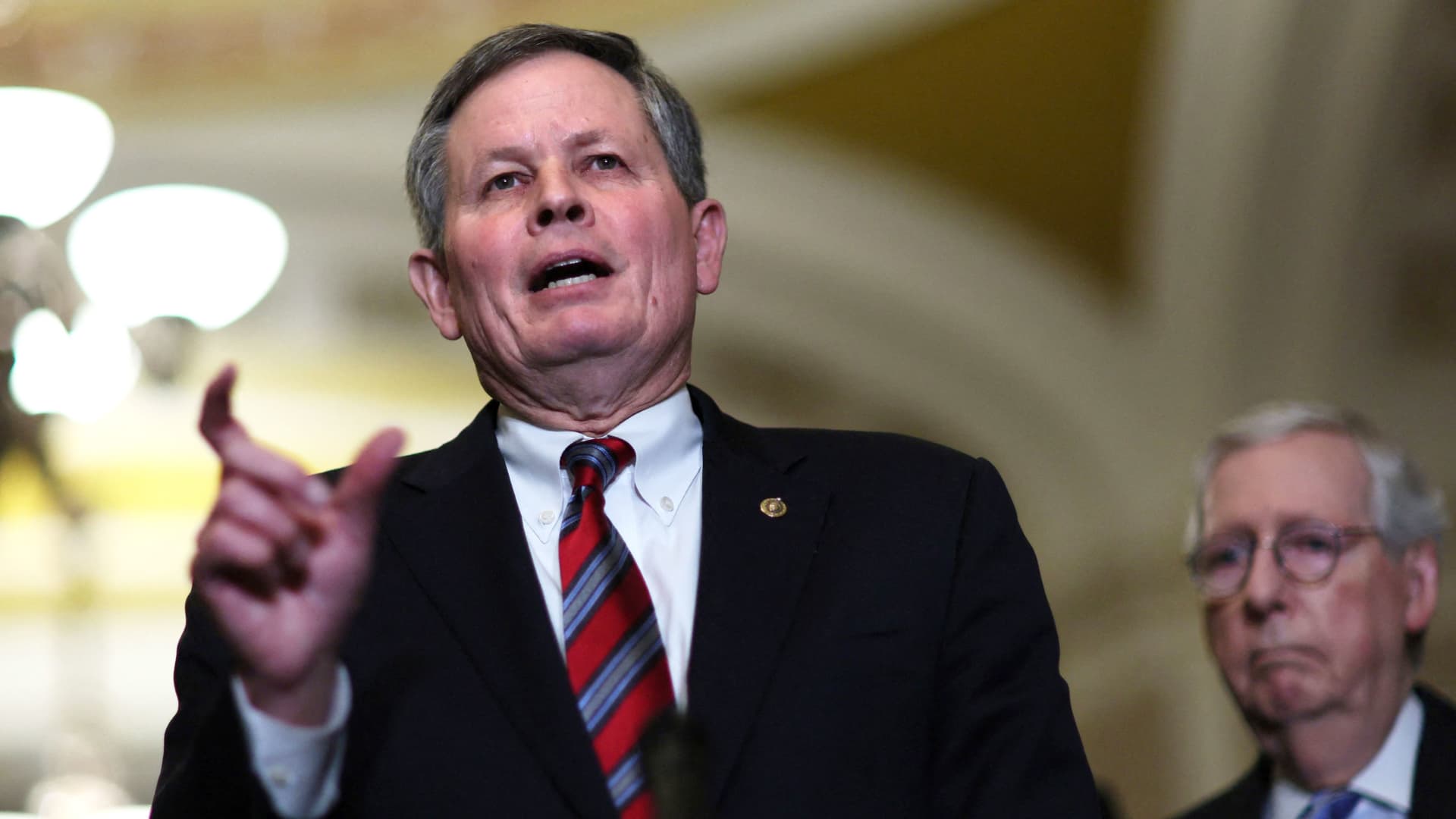 U.S. Sen. Steve Daines (R-MT) speaks along with other Republican Senate leadership at a weekly press conference in the U.S. Capitol building in Washington, January 31, 2023.