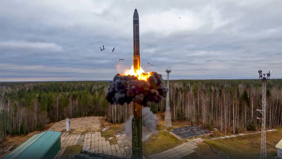 In image from video released by Russian Defense Ministry Press Service on Oct. 26, 2022, a Yars intercontinental ballistic missile is test-fired as part of Russia's nuclear drills from a launch site in Plesetsk, northwestern Russia.