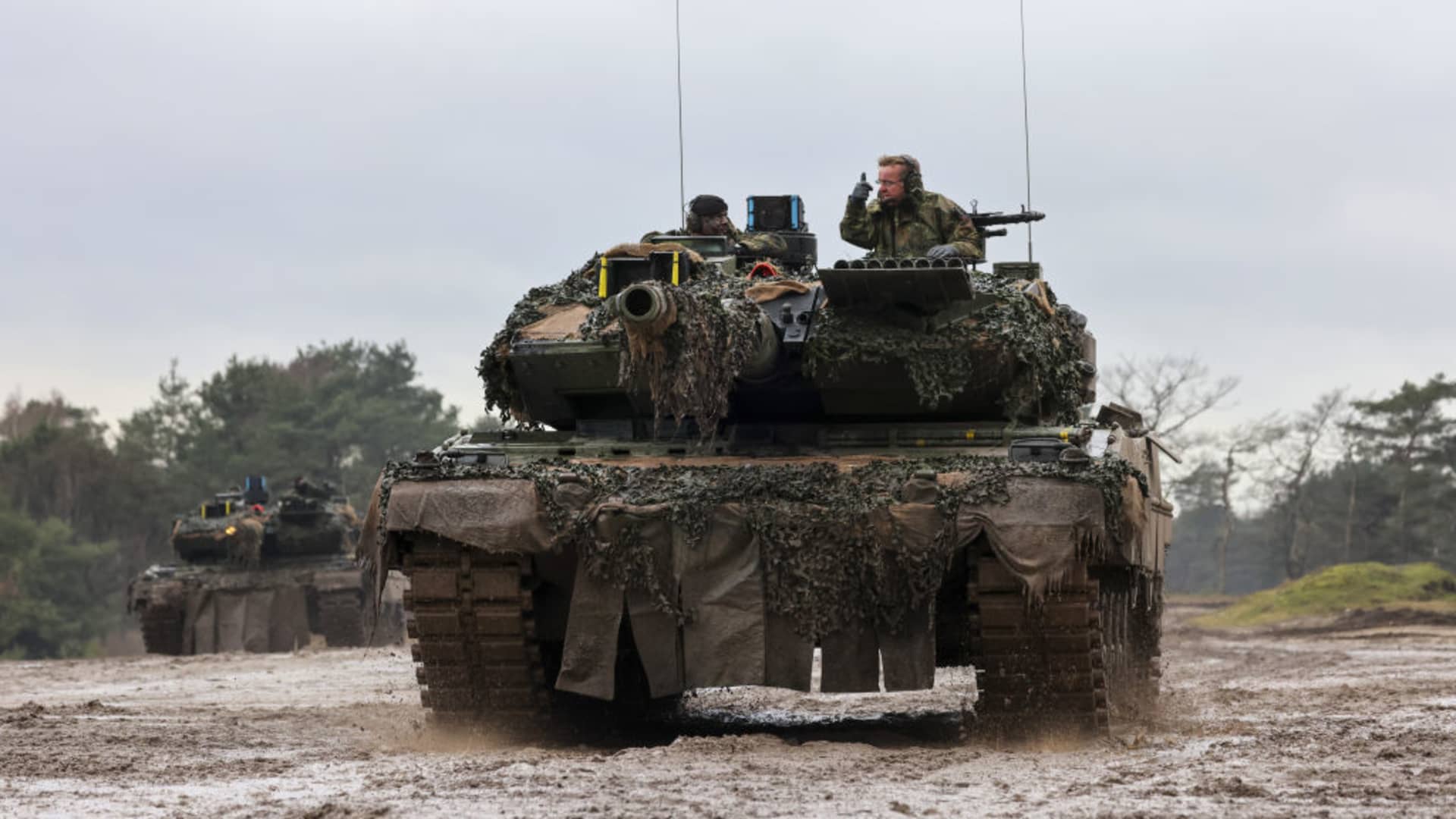 Boris Pistorius, Germany's defense minister, rides in an Leopard 2 A6 battle tank during a presentation by the German Army Panzer Battalion 203 in Augustdorf, Germany, on Wednesday, Feb. 1, 2023.