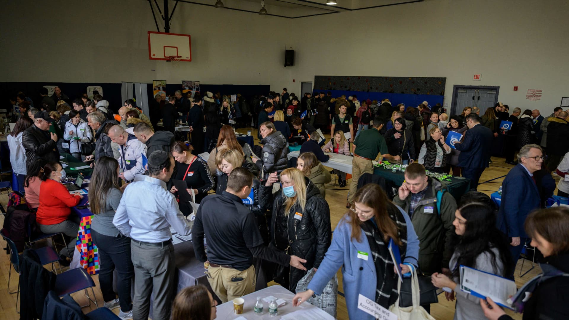Ukrainian refugees attend a job fair in the Brooklyn borough of New York on February 1, 2023. 