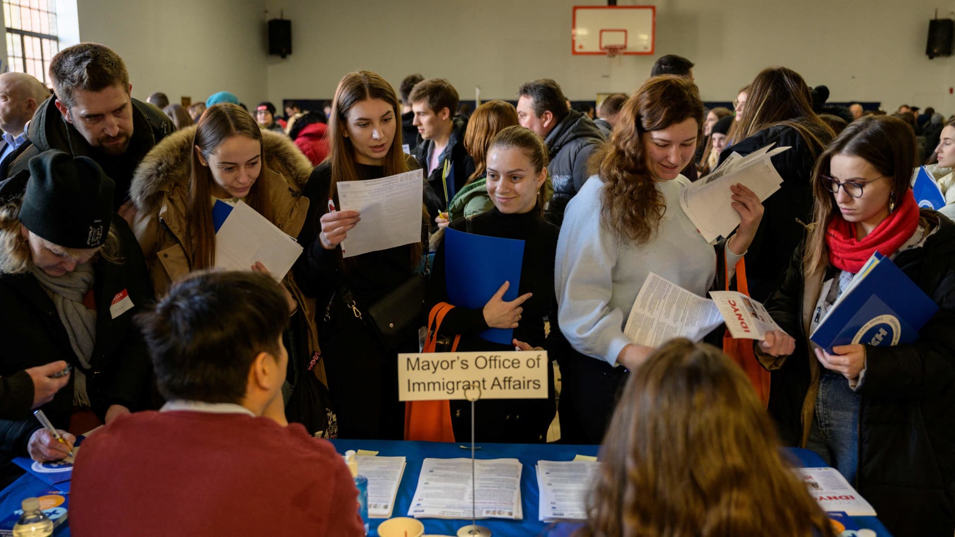 Ukrainian refugees attend a job fair in the Brooklyn borough of New York on February 01, 2023.