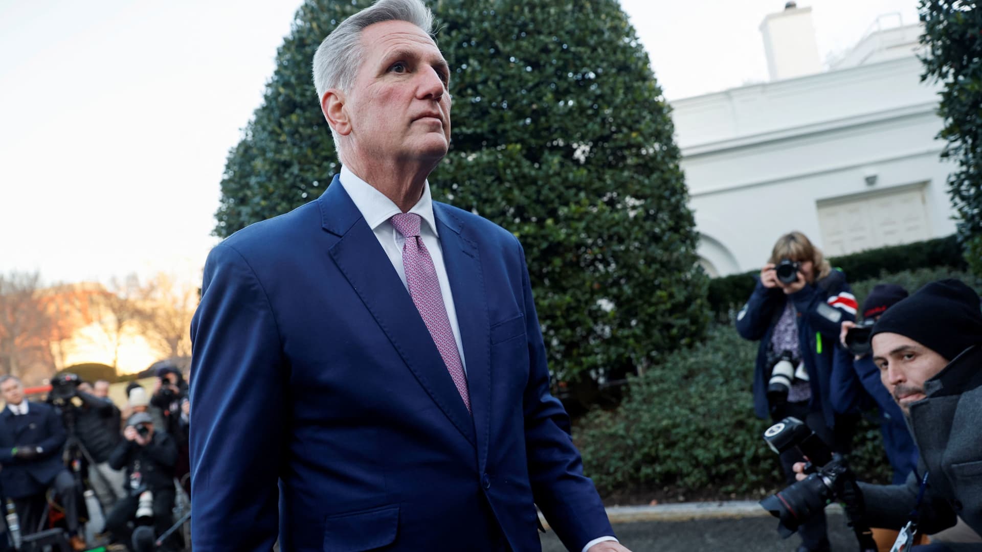 U.S. House Speaker Kevin McCarthy (R-CA) departs after addressing reporters following his meeting with President Joe Biden about the looming debt ceiling issue at the White House in Washington, February 1, 2023.