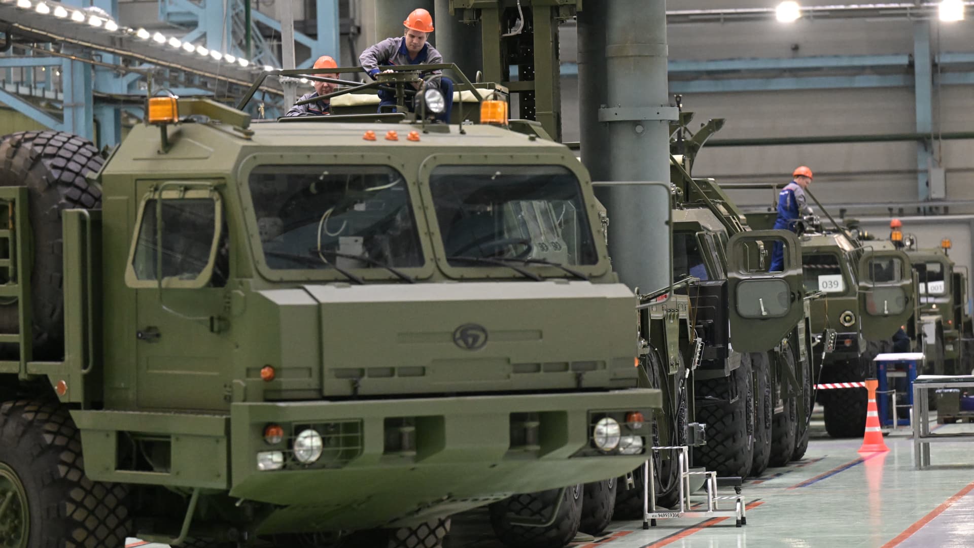 Military vehicles at a plant that is part of Russian missile manufacturer Almaz-Antey, in St. Petersburg, on Jan. 18, 2023.
