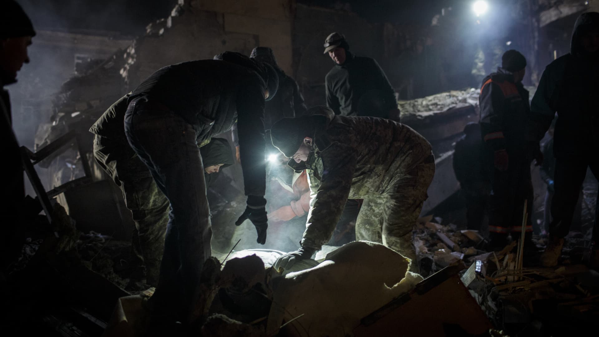 Rescue workers conduct search and rescue operation after Russian missile hits the residential building in Kramatorsk, Donetsk Oblast, Ukraine on February