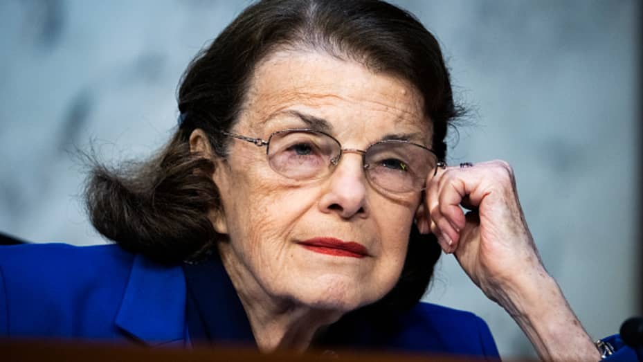 UNITED STATES - SEPTEMBER 13: Sen. Dianne Feinstein, D-Calif., listens to Peiter Mudge Zatko, former head of security at Twitter, testify during the Senate Judiciary Committee hearing titled Data Security at Risk: Testimony from a Twitter Whistleblower, in Hart Building Tuesday, September 13, 2022. (Tom Williams/CQ-Roll Call, Inc via Getty Images)