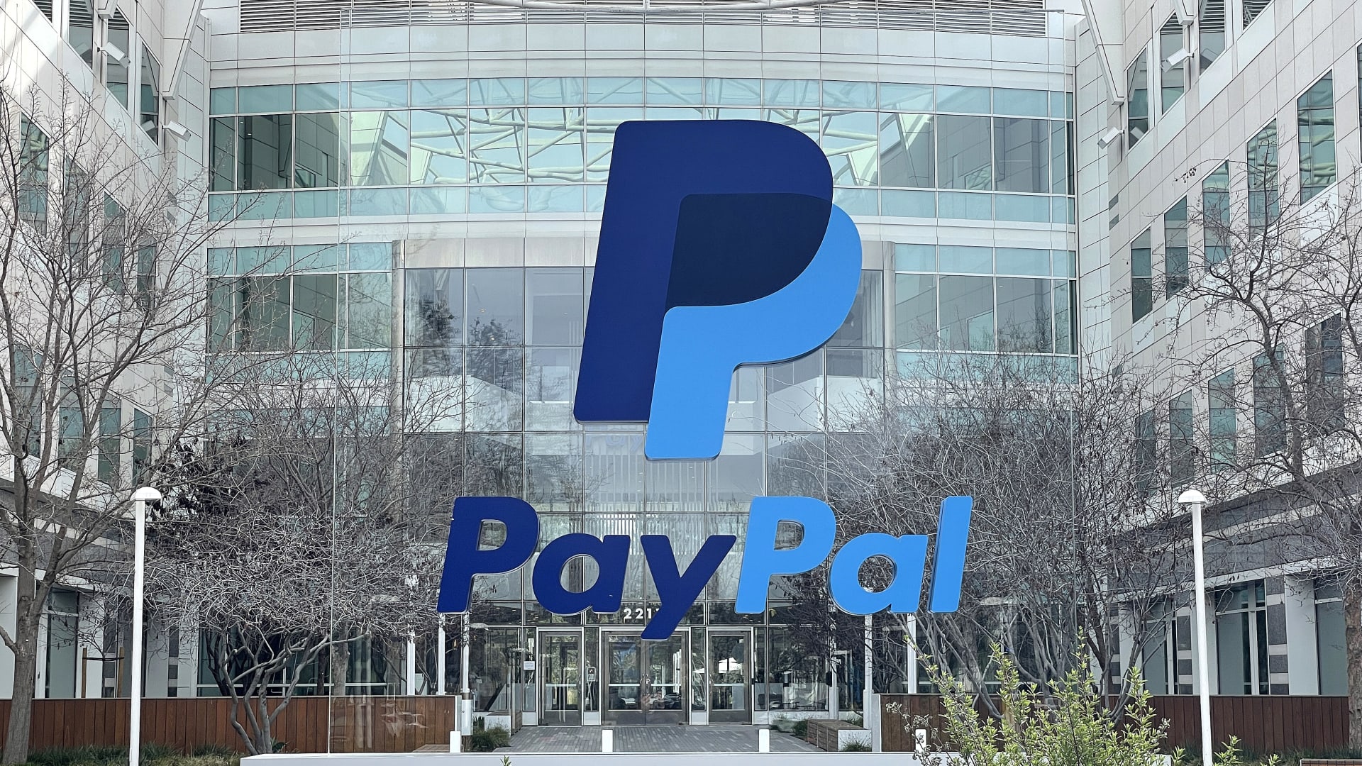 A sign is posted in front of PayPal headquarters on February 02, 2023 in San Jose, California.